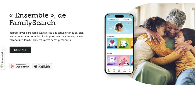 Copie d'écran de la page de téléchargement de l'application Together sur le site Web de FamilySearch