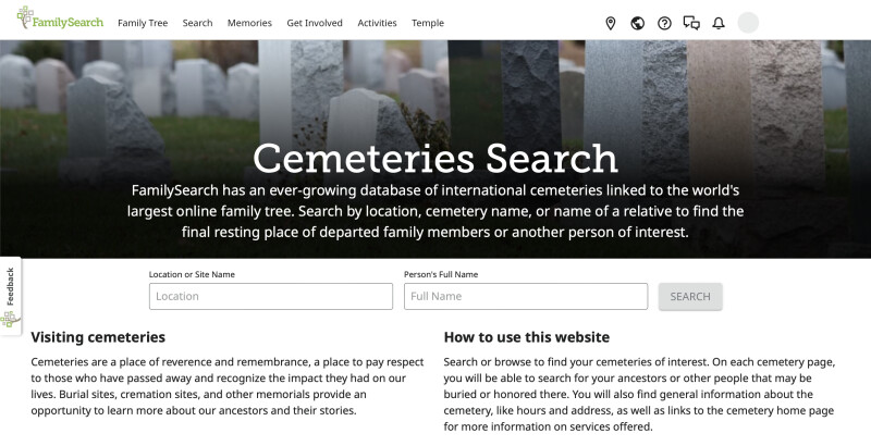 The Cemetery Search page on FamilySearch.org