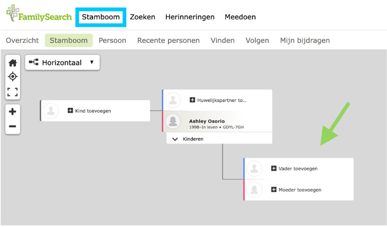 Screenshot: generaties in FamilySearch Stamboom toevoegen.