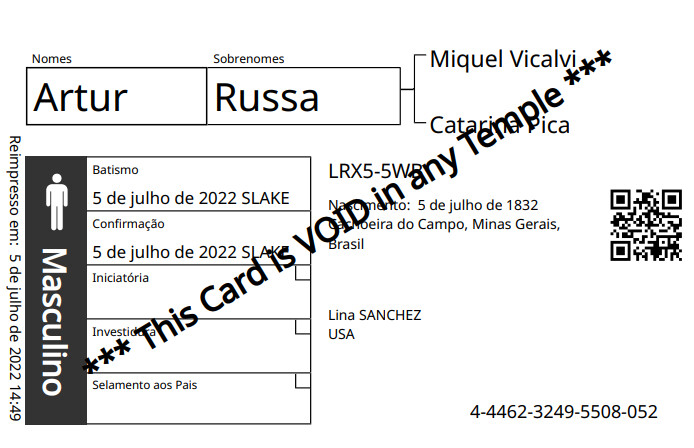 Exemplo de um novo cartão de nome de familiar com o código QR.