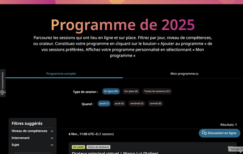 La page du programme du salon RootsTech de 2025.