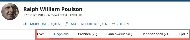 Een screenshot van de navigatietabbladen op de persoonspagina van Ralph William Poulson.