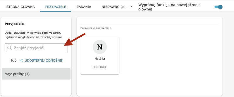 Zrzut ekranu przedstawiający, jak dodać przyjaciela do listy przyjaciół na stronie FamilySearch.