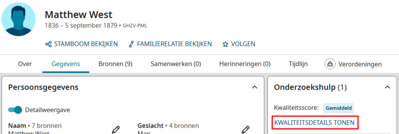 Screenshot van FamilySearch, laat zien hoe je de gegevenskwaliteitsscore kunt gebruiken