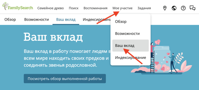 Скриншот, показывающий, как попасть на новую страницу «Ваш вклад» с помощью главной навигации FamilySearch.org.