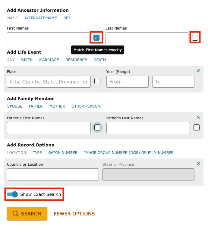 In the complete search template, click on the Show Exact Search button to find exact results to your search.