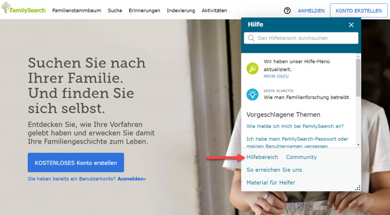 Der Hilfebereich auf FamilySearch.org