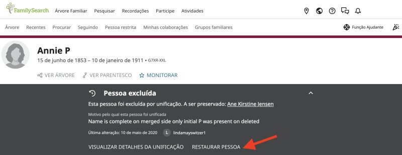 Captura de tela do botão Restaurar pessoa no FamilySearch.org.