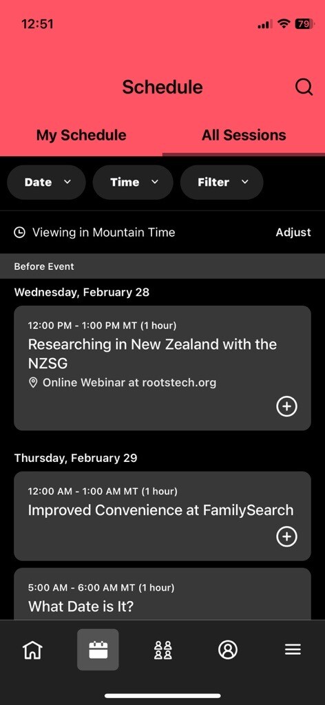 The RootsTech 2025 class schedule on the RootsTech mobile app.