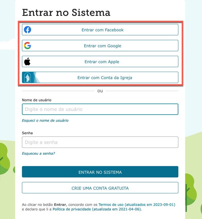 Captura de tela da página de entrada no site FamilySearch.org, mostrando opções para entrar no site usando o Facebook, o Google, a Apple ou uma conta da Igreja.