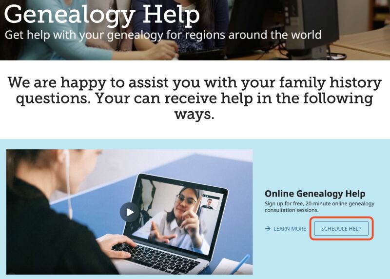 A screenshot of the FamilySearch Library Genealogy Help page with a button that reads "Schedule Help" boxed in red.