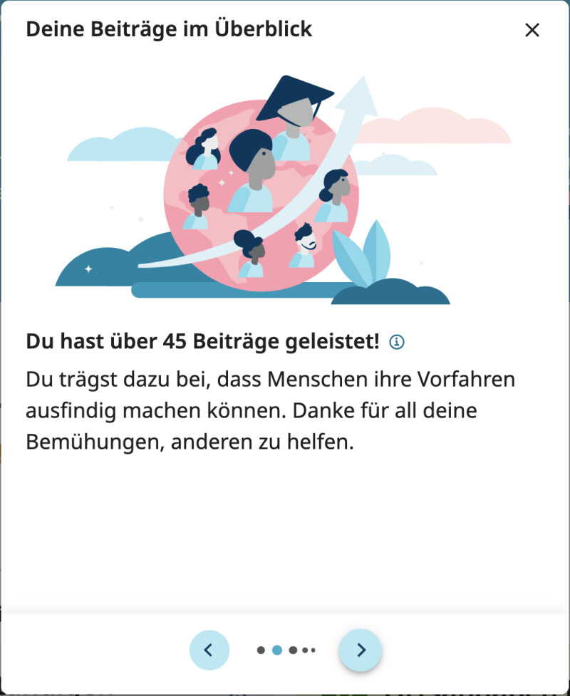 Screenshot, auf dem die Anzahl der Beiträge zu sehen sind, die ein Benutzer über die Funktion „Mach mit“ beigesteuert hat