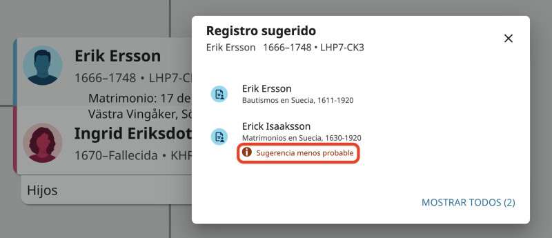 Una ventana emergente con dos sugerencias de registro en el Árbol Familiar. Debajo de una sugerencia, están las palabras "Sugerencia menos probable" en color rojo.