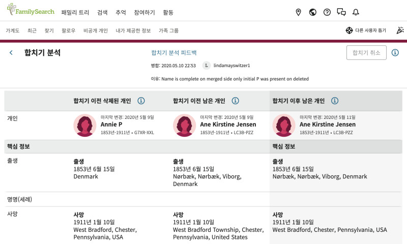 FamilySearch.org에 있는 합치기 분석 보기의 스크린숏.