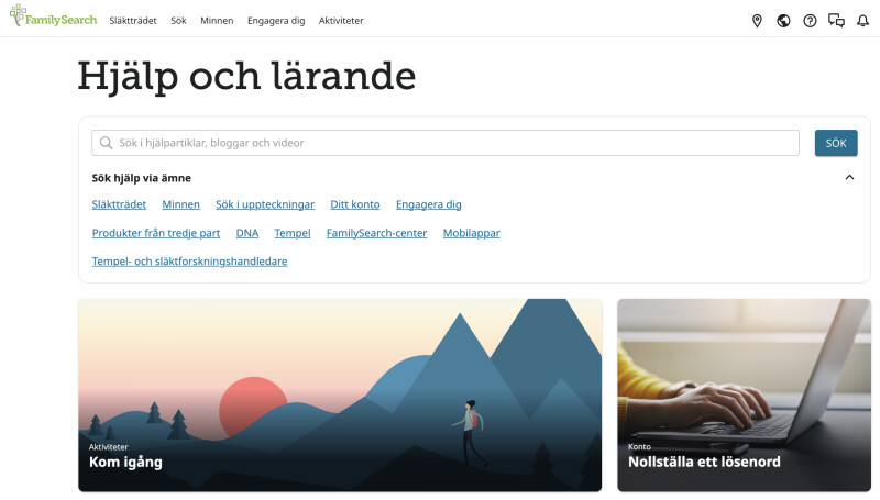 Skärmdump av Hjälp- och lärandecentret på FamilySearch.org