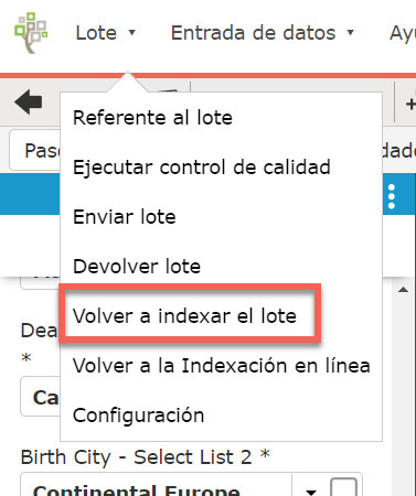 Captura de pantalla de la devolución de un lote de indexación