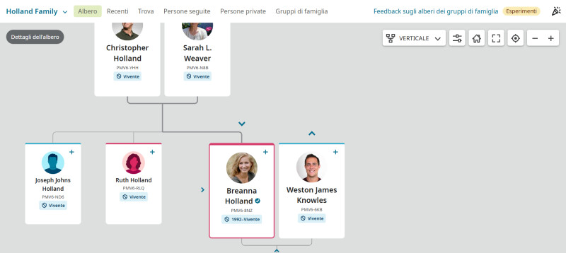 Screenshot di un albero del gruppo di famiglia su FamilySearch.org.
