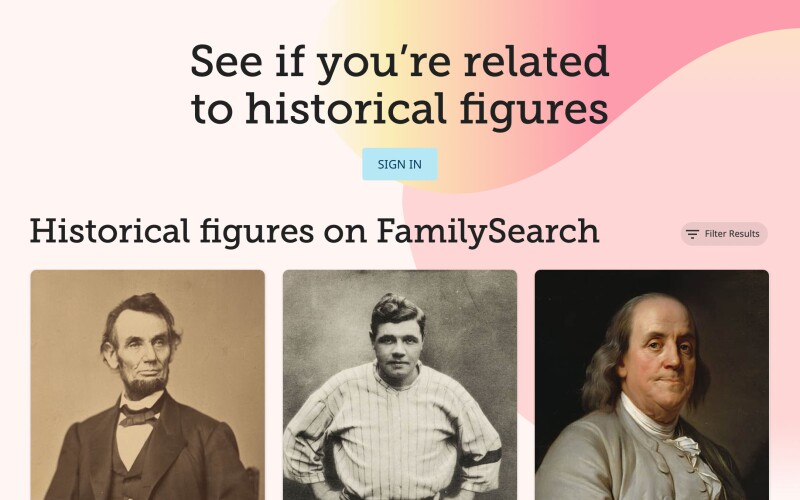 The landing page for the Famous Relatives activity on FamilySearch.org