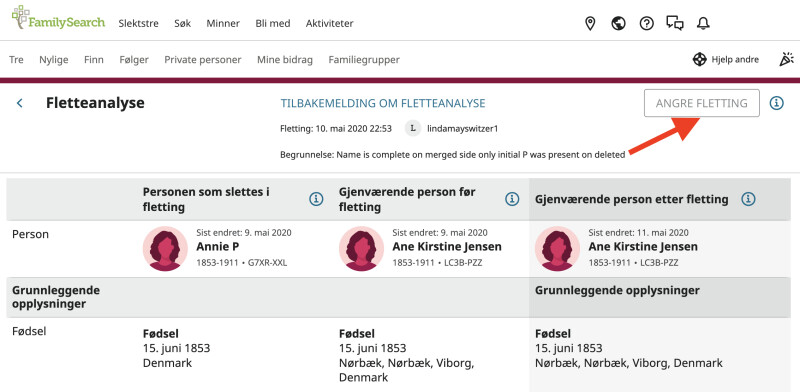 Skjermbilde av knappen Angre fletting i Visning av flettingsanalyse.