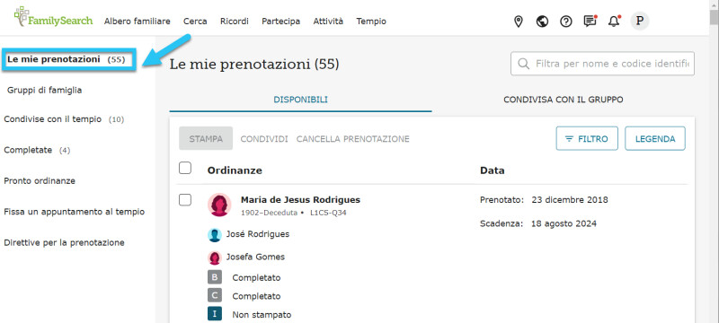 La scheda Le mie prenotazioni su FamilySearch, che mostra i nomi di famiglia prenotati.