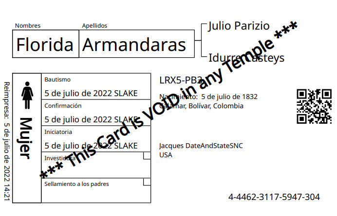 Ejemplo de una nueva tarjeta de nombres de familiares con un código QR.