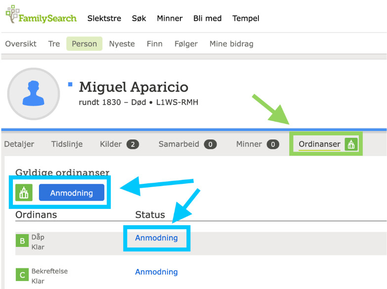 Anmodning om ordinanser på FamilySearch.