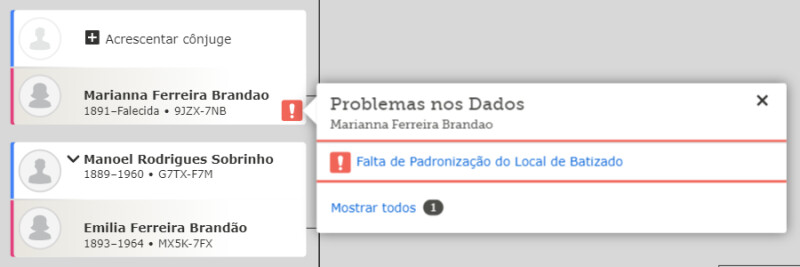 Problemas de dados do FamilySearch quando eles aparecem na visualização da árvore
