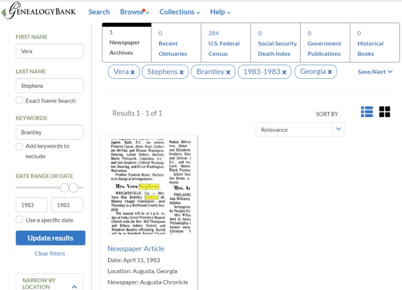 the results page on an obituary search