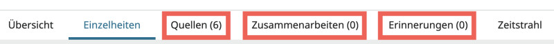 Ein Screenshot der Registerkarten „Quellen“, „Zusammenarbeiten“ und „Erinnerungen“ auf der Personenseite von Louis Wilhelm Richard Schmidt.