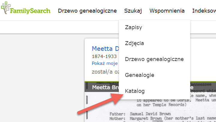 Zrzut ekranu z opcją katalogu na stronie głównej FamilySearch.