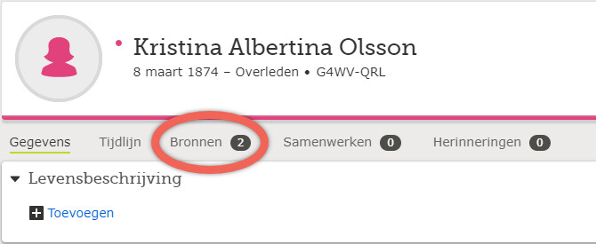 Screenshot van tabblad Bronnen