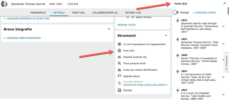 Screenshot che mostra la barra laterale delle fonti per la scheda Dettagli su FamilySearch.org.