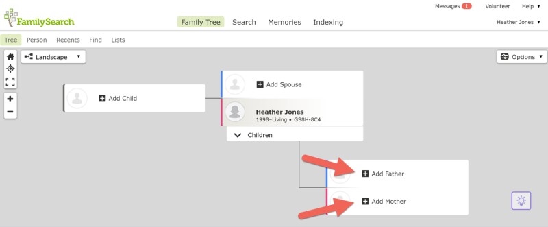 Screenshot of Add Father and Add Mother buttons on FamilySearch.