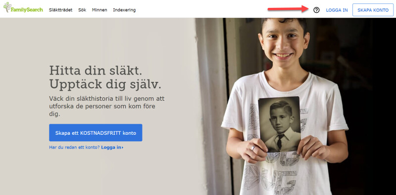 Startsidan på FamilySearch.org, visar var du hittar hjälpcenter.
