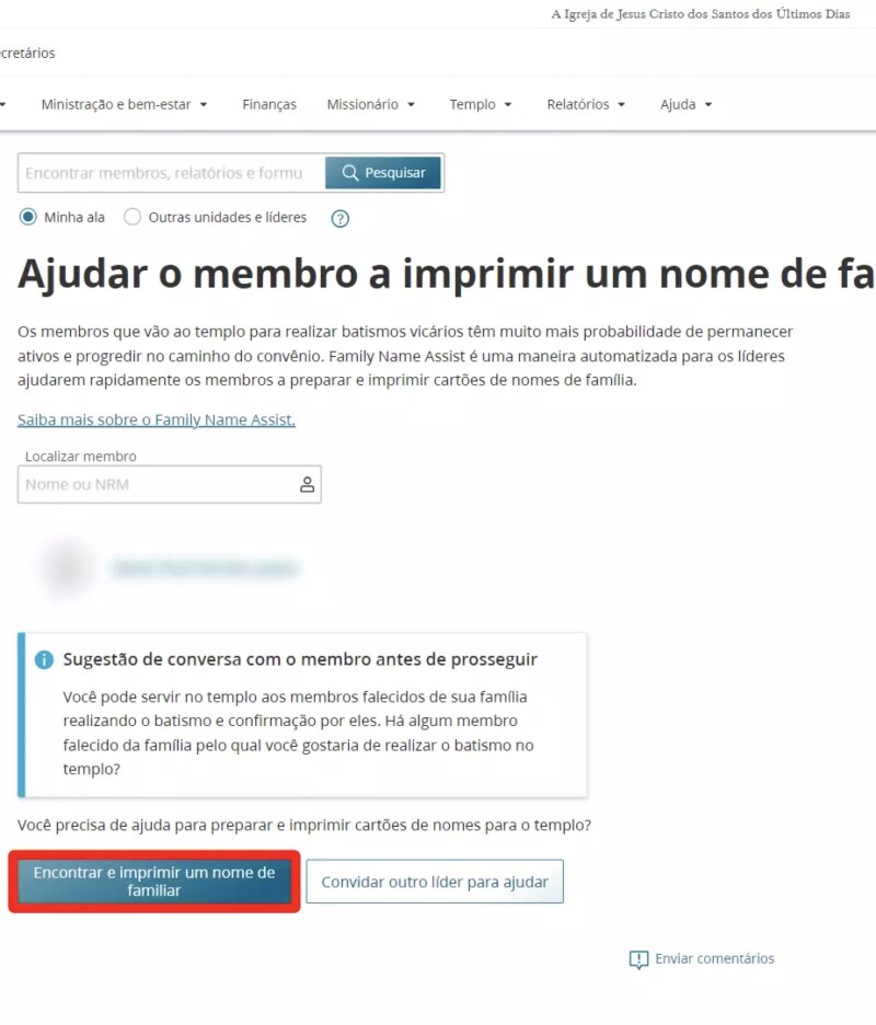 Captura de tela da ferramenta Ajuda com nomes de familiares nos Recursos para Líderes e Secretários.
