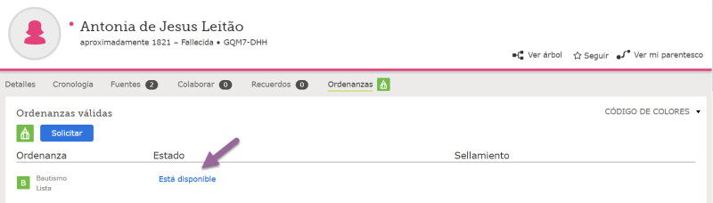 Captura de la página de la persona en FamilySearch. Cómo solicitar nombres compartidos en Árbol Familiar