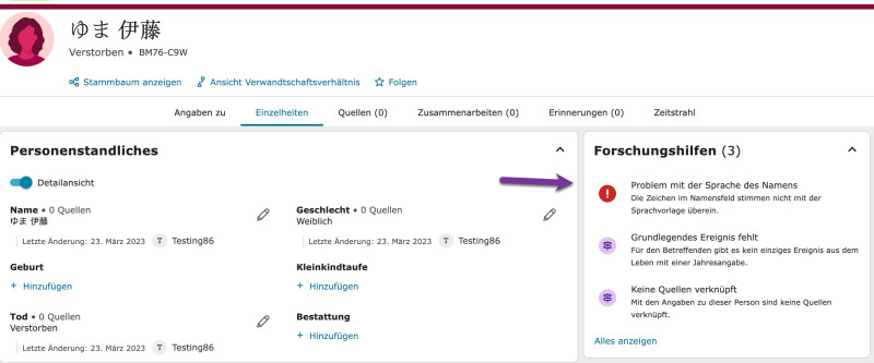 Screenshot einer Personenseite im Familienstammbaum von FamilySearch mit einer Benachrichtigung „Problem mit der Sprache des Namens“ im Bereich „Forschungshilfen“.
