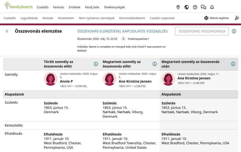 Az összevonáselemzési nézet képernyőképe a FamilySearch.org-on