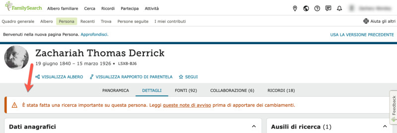 Screenshot che mostra una nota di avviso nella scheda Dettagli di una pagina di FamilySearch.