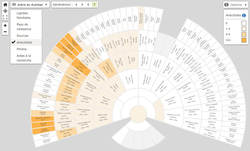 graphique en éventail des histoires attachées à l’arbre familial