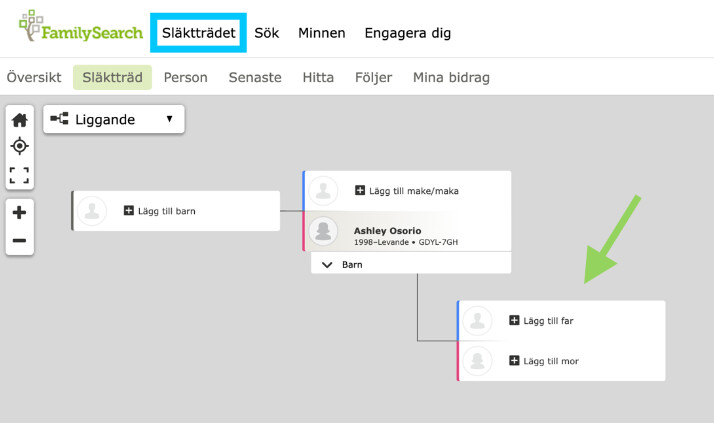skärmdump av hur man lägger till generationer i FamilySearch Släktträdet