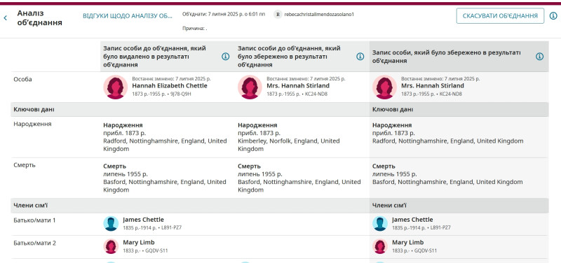 Скриншот, на якому показано порівняння 2-х профілів FamilySearch у засобі “Аналіз об’єднання”
