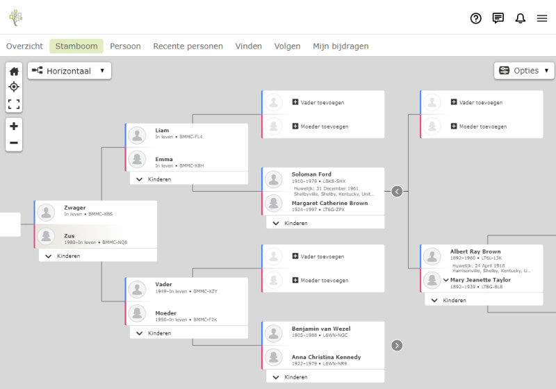 Screenshot toont stamboom van huwelijkspartner op FamilySearch.