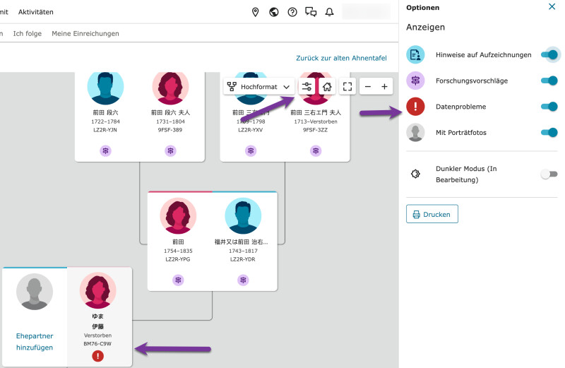 Screenshot des Familienstammbaums von FamilySearch, auf dem die Fehlermeldung „Problem mit der Sprache des Namens“ als rotes Symbol mit Ausrufezeichen angezeigt wird.