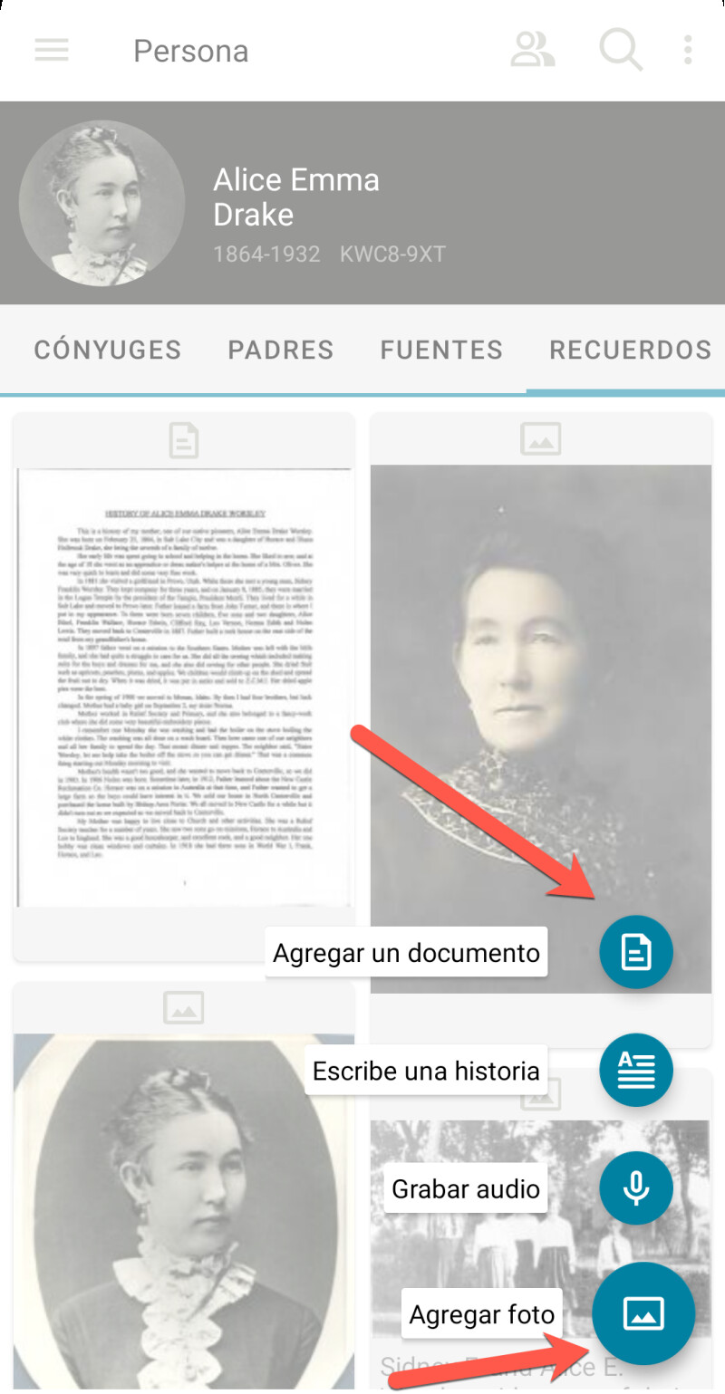 Captura de pantalla de la aplicación móvil FamilySearch, que muestra cómo almacenar fotos.