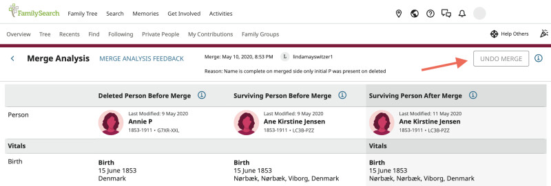 Screenshot of the Undo Merge button in the Merge Analysis view.
