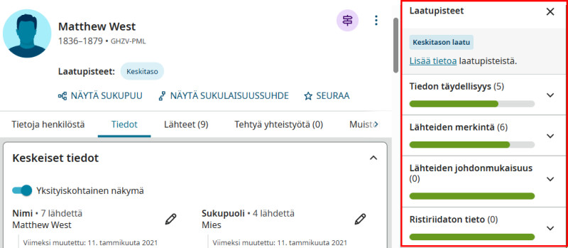 FamilySearchin näyttökuva, jossa henkilön profiilisivulla näkyy tiedon laatupisteiden neljä mittaria