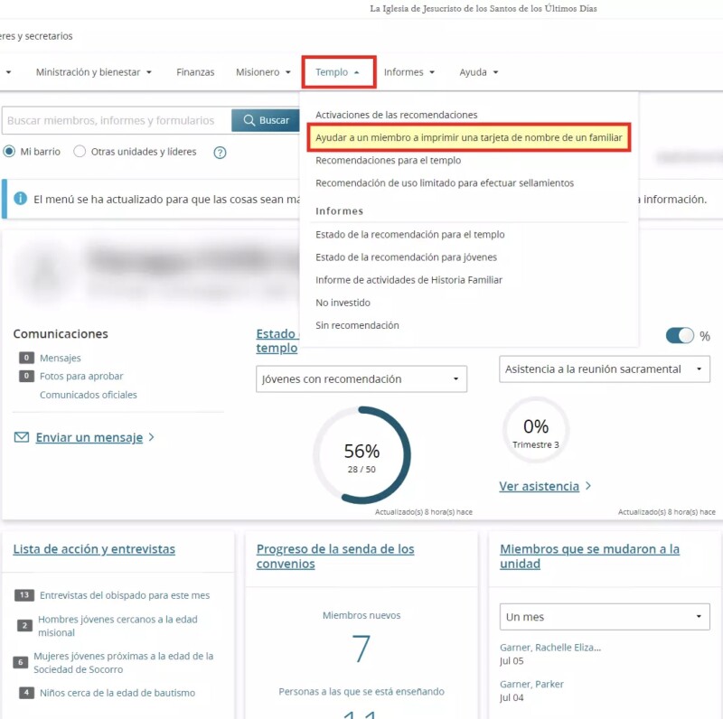 Captura de pantalla de la opción “Ayudar a un miembro a imprimir el nombre de un familiar” en Fuentes de recursos para líderes y secretarios.