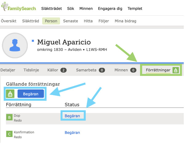 Hur man begär förrättningar på FamilySearch.