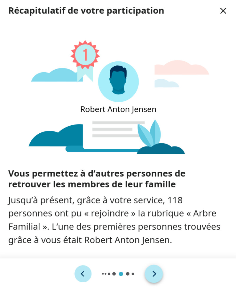 Une capture d'écran montrant que les contributions bénévoles d'une personne a permis d'ajouter 118 personnes à l'Arbre Familial partagé sur FamilySearch.